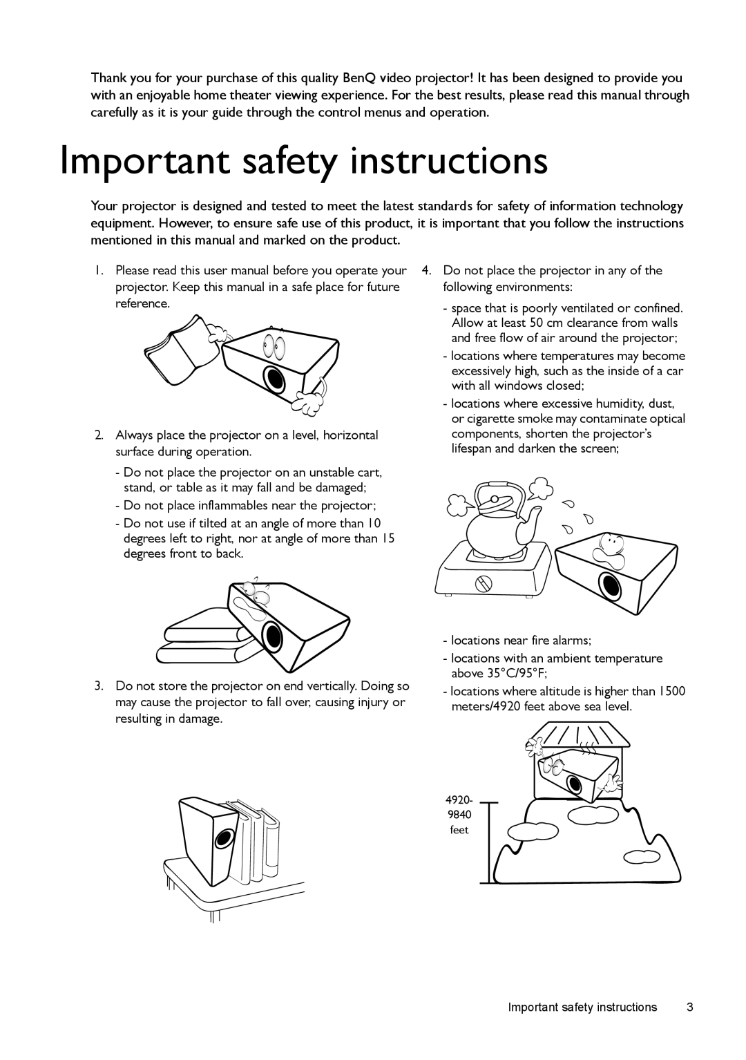 BenQ W1070, W1080ST user manual Important safety instructions 