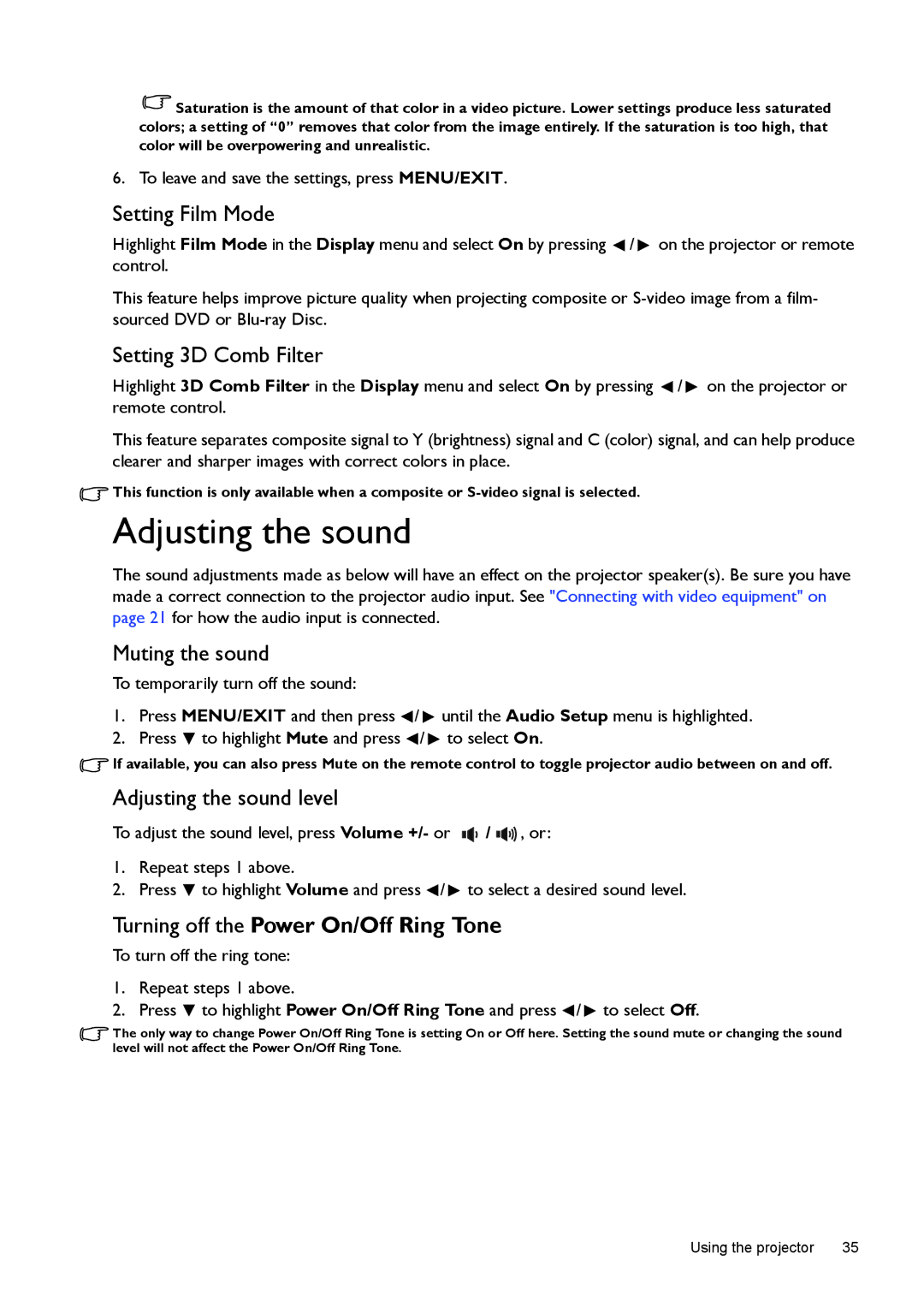 BenQ W1070, W1080ST user manual Setting Film Mode, Setting 3D Comb Filter, Muting the sound, Adjusting the sound level 