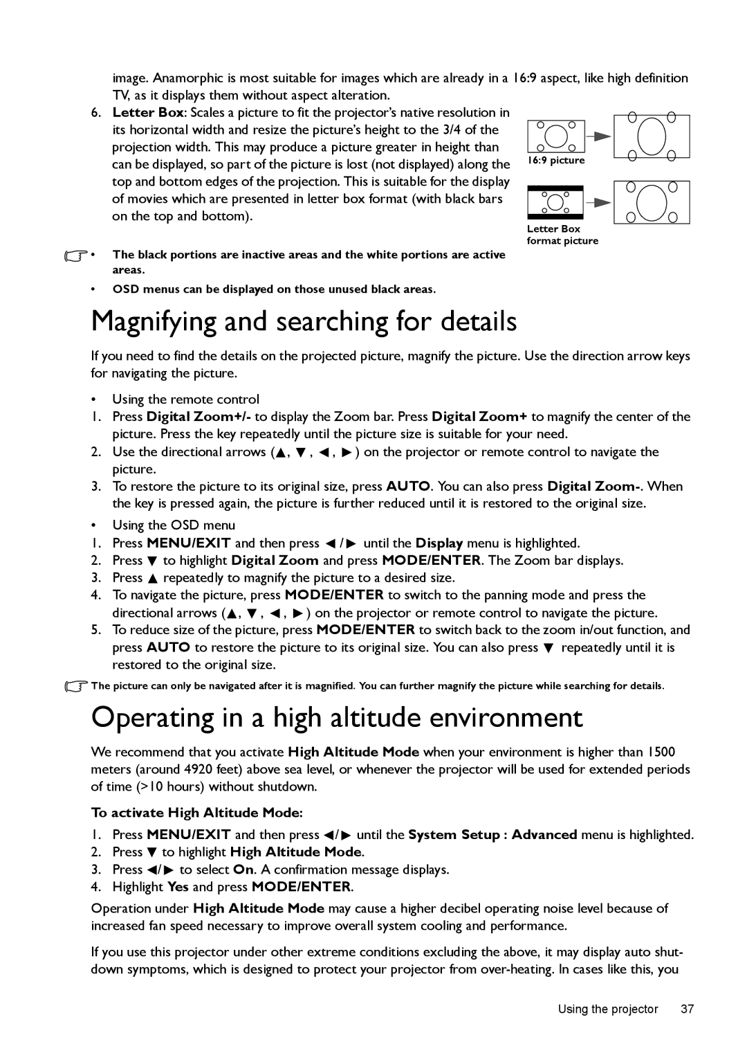 BenQ W1070 Magnifying and searching for details, Operating in a high altitude environment, To activate High Altitude Mode 