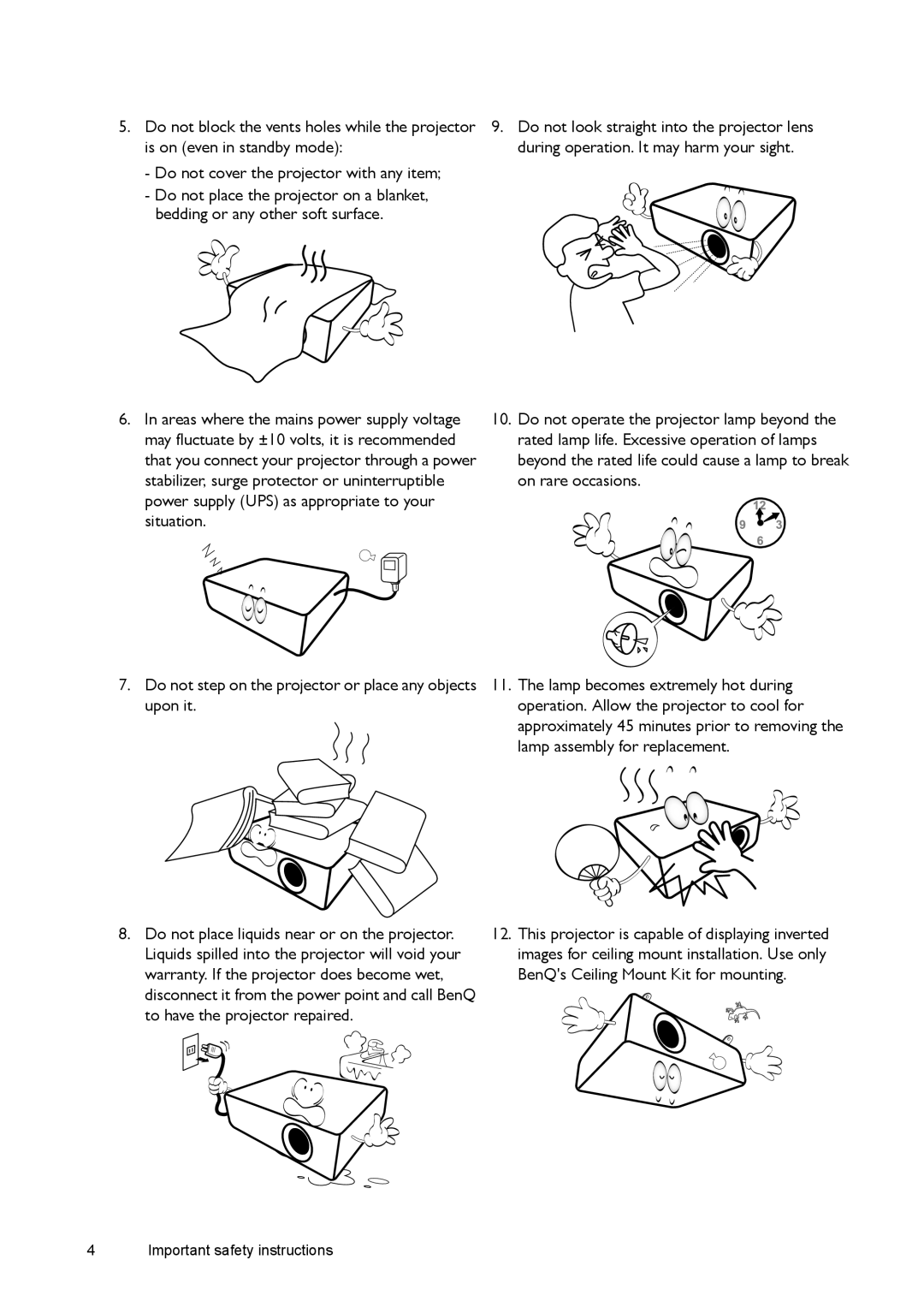 BenQ W1080ST, W1070 user manual Important safety instructions 