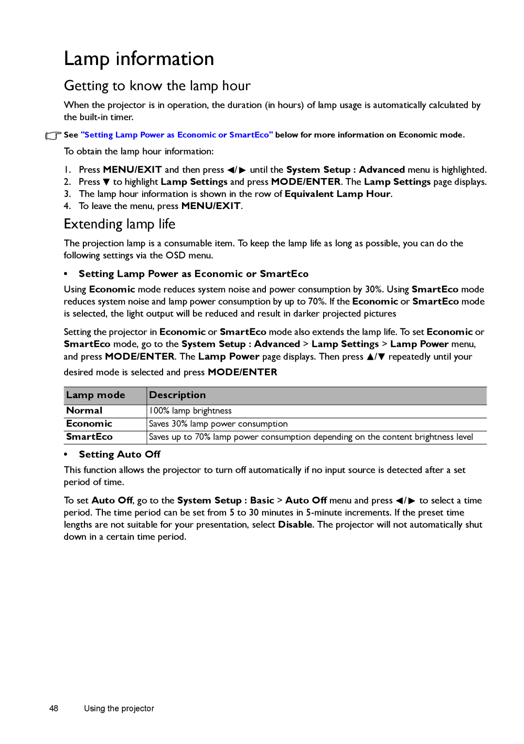 BenQ W1080ST, W1070 user manual Lamp information, Getting to know the lamp hour, Extending lamp life 