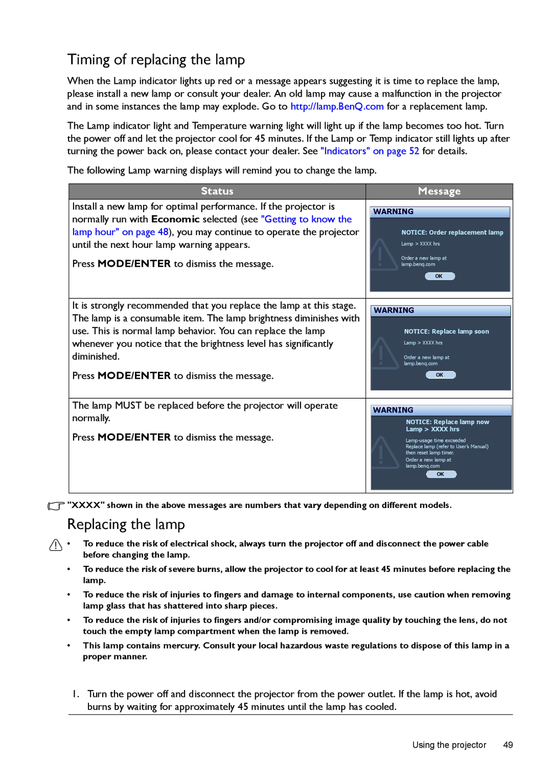 BenQ W1070, W1080ST user manual Timing of replacing the lamp, Replacing the lamp, Status Message 