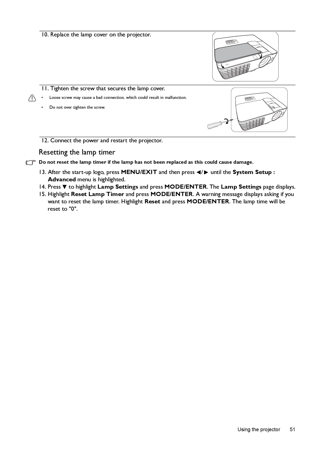 BenQ W1070, W1080ST user manual Resetting the lamp timer, Connect the power and restart the projector 