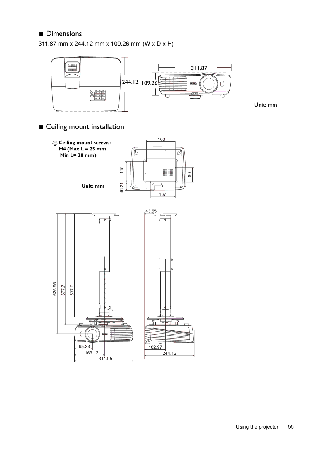 BenQ W1070, W1080ST user manual Dimensions, 311.87 244.12 Unit mm 