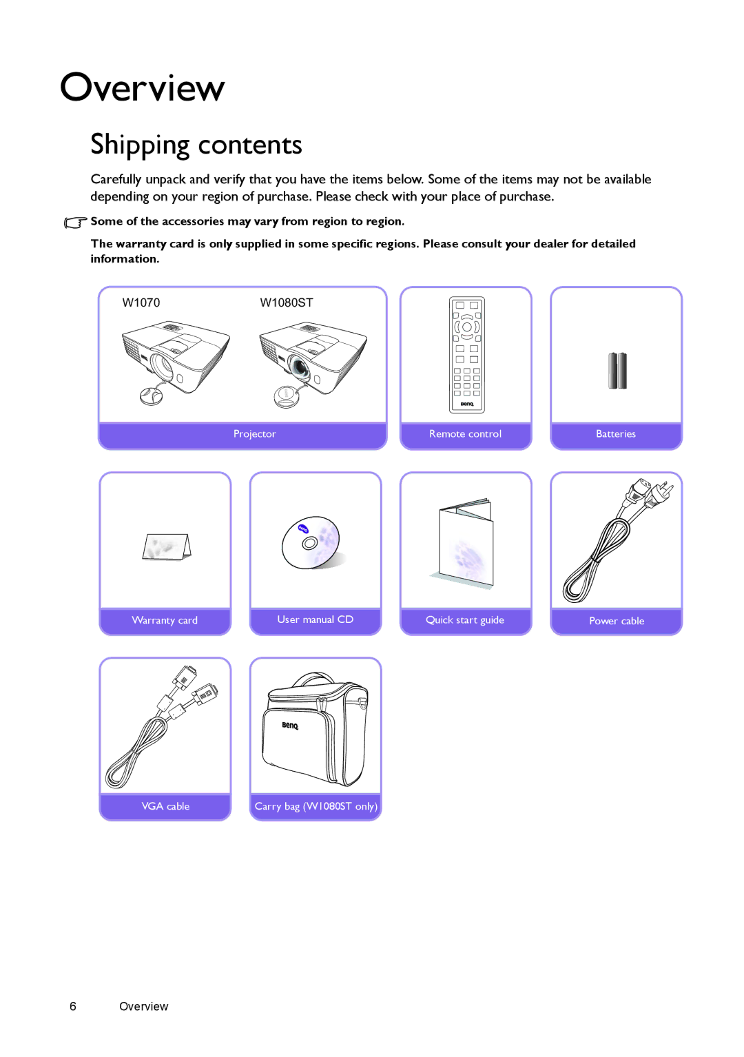 BenQ W1080ST, W1070 user manual Overview, Shipping contents 