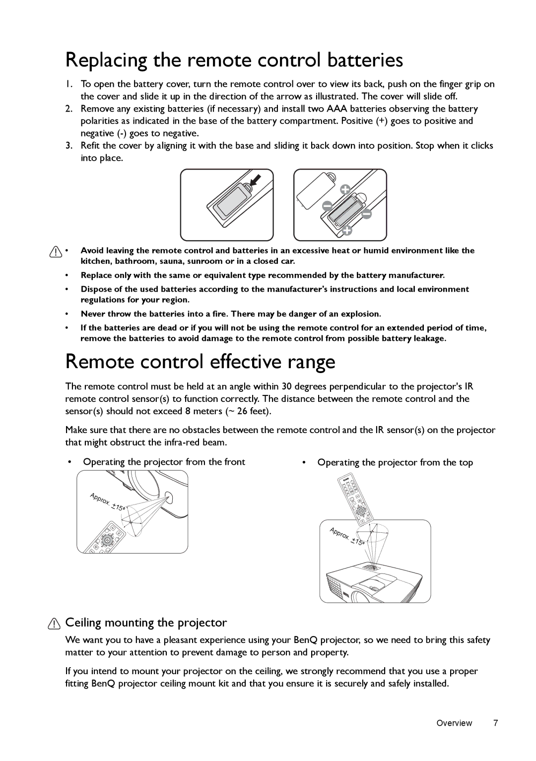 BenQ W1070, W1080ST Replacing the remote control batteries, Remote control effective range, Ceiling mounting the projector 