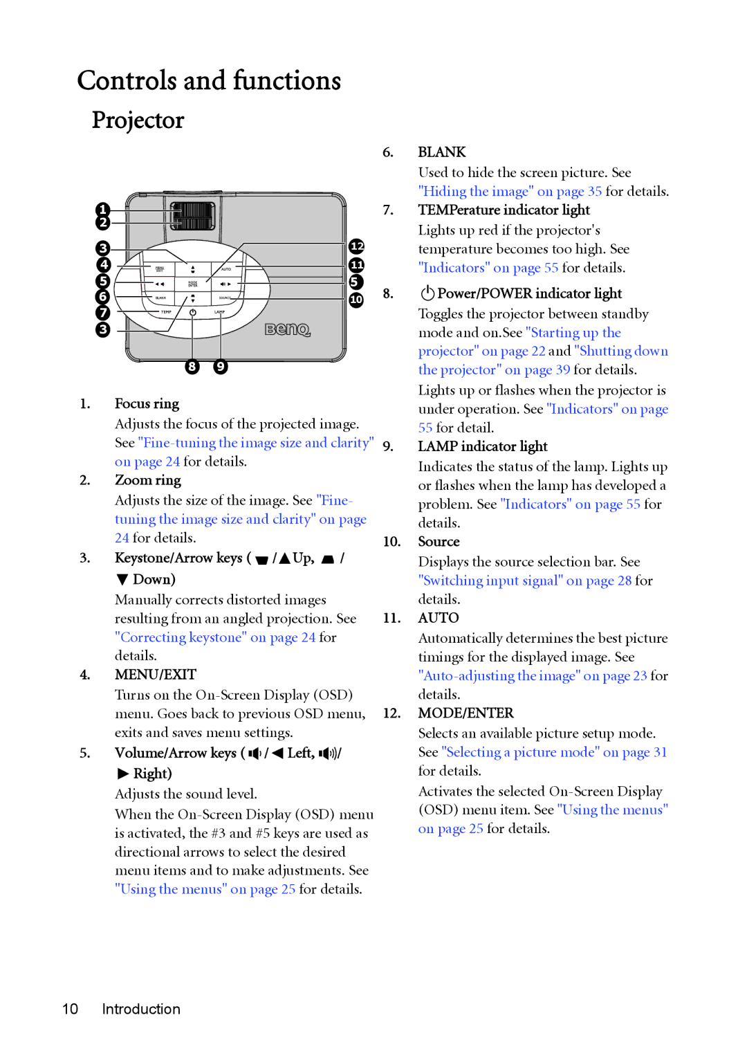 BenQ W1200 user manual Controls and functions, Projector 