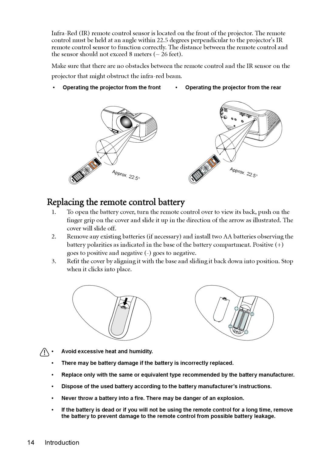 BenQ W1200 user manual Replacing the remote control battery 