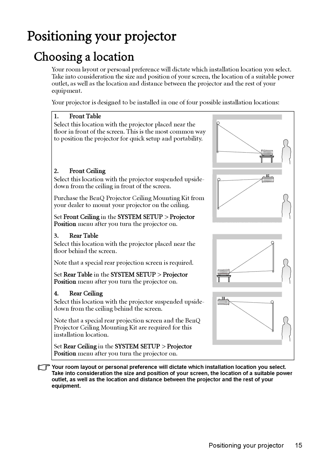 BenQ W1200 user manual Positioning your projector, Choosing a location 