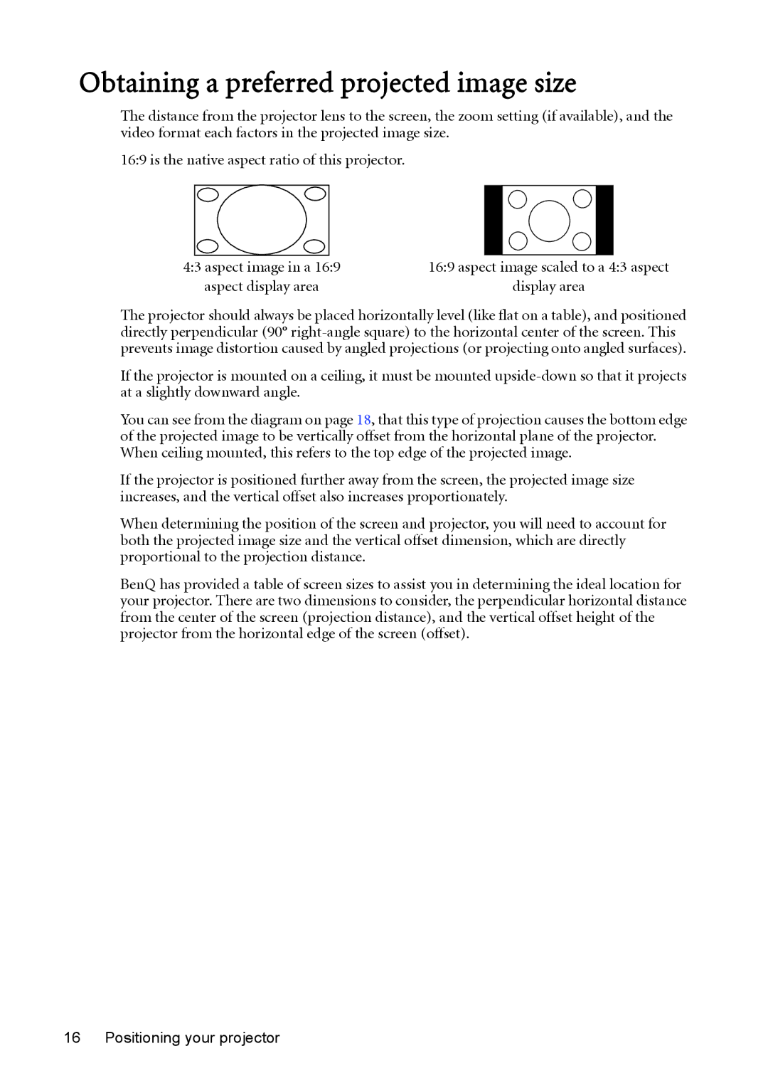 BenQ W1200 user manual Obtaining a preferred projected image size 