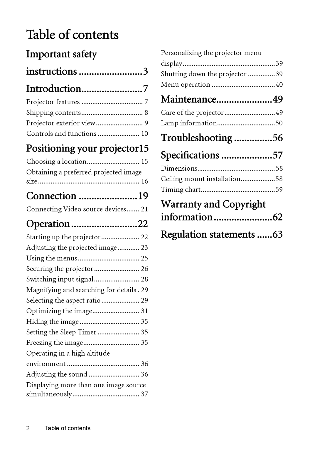 BenQ W1200 user manual Table of contents 