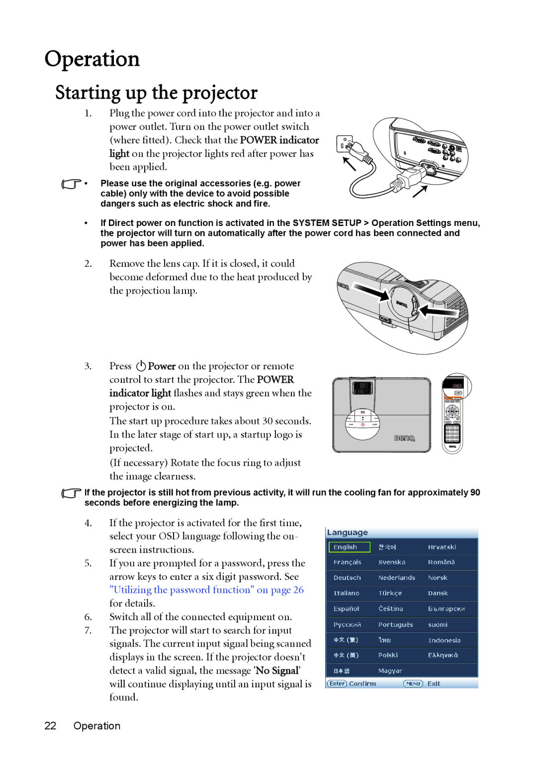 BenQ W1200 user manual Operation, Starting up the projector 