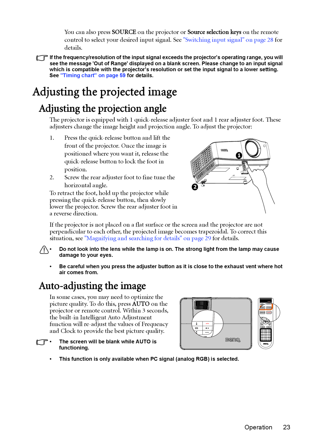 BenQ W1200 user manual Adjusting the projected image, Adjusting the projection angle, Auto-adjusting the image 