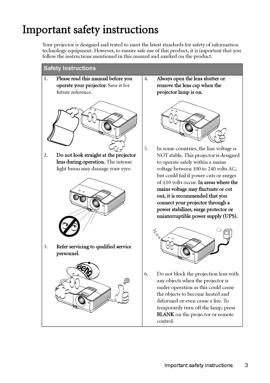 BenQ W1200 user manual Important safety instructions 