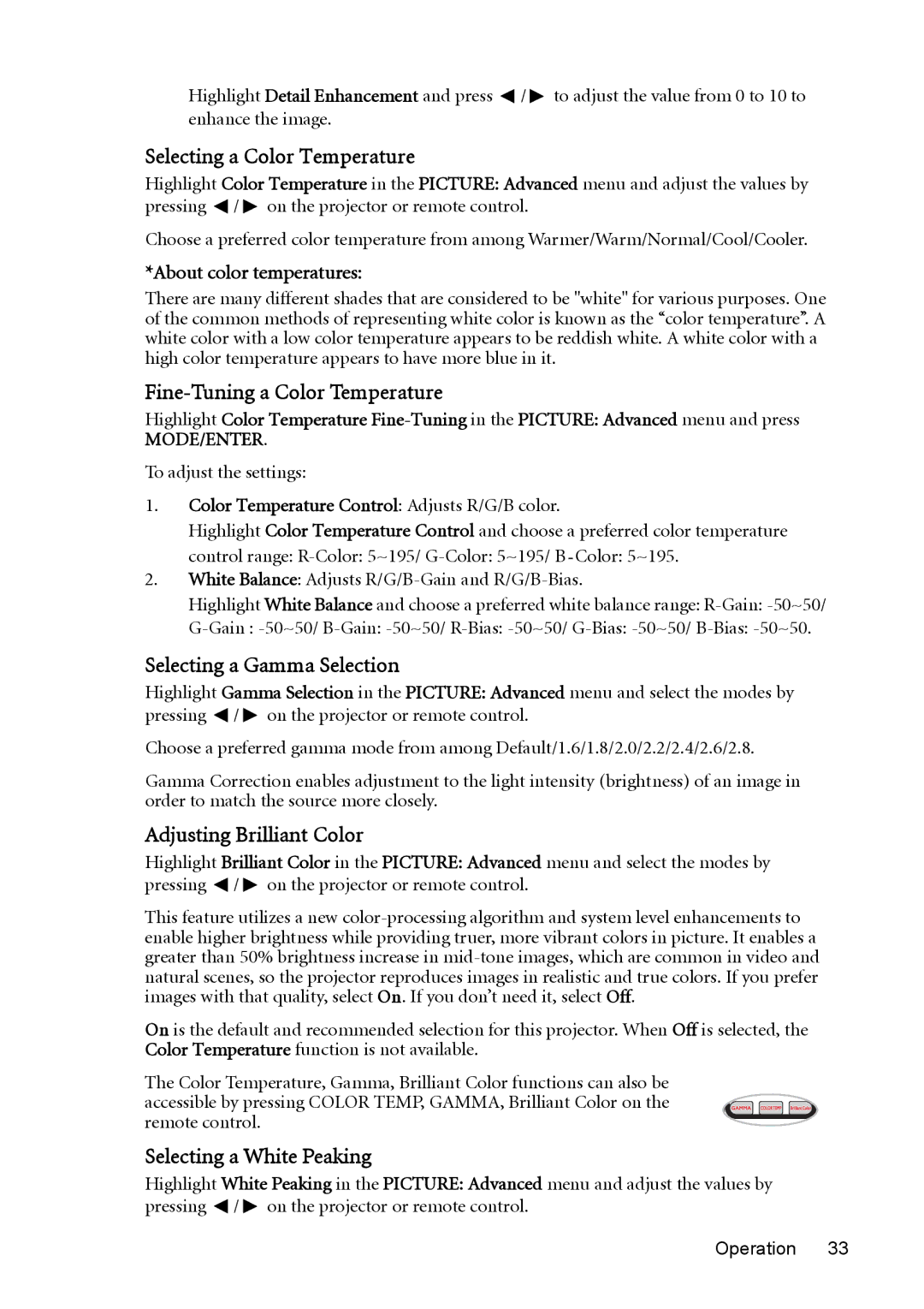 BenQ W1200 user manual Selecting a Color Temperature, Fine-Tuning a Color Temperature, Selecting a Gamma Selection 