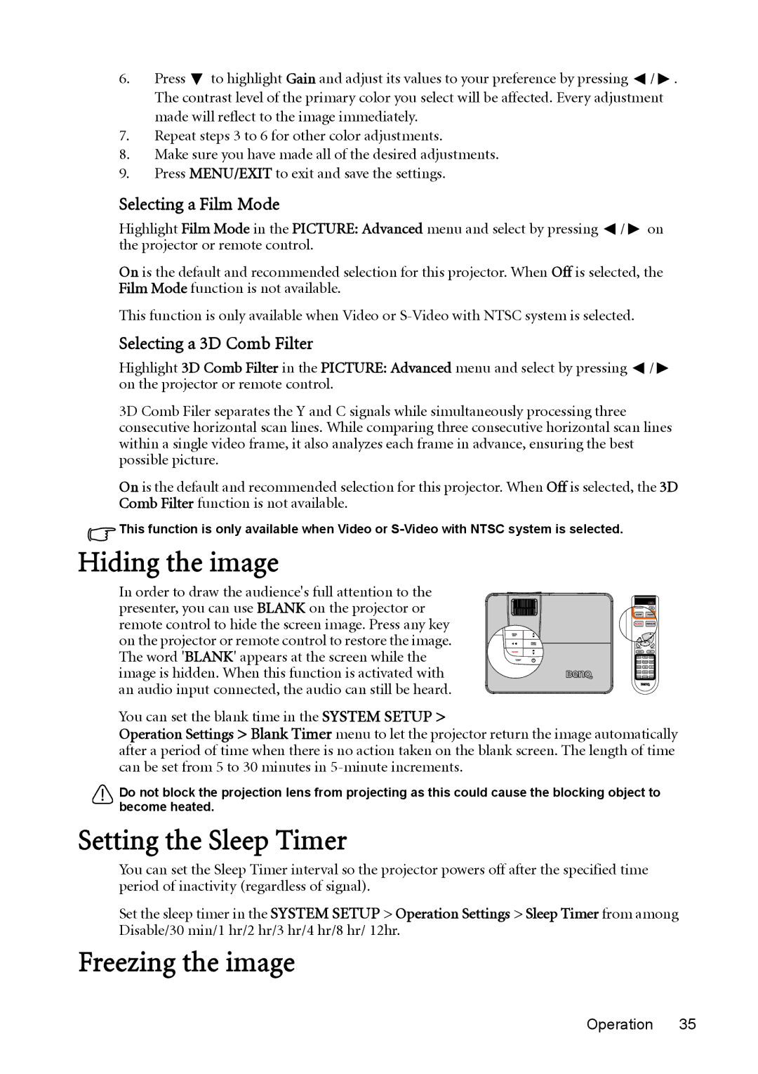 BenQ W1200 user manual Hiding the image, Setting the Sleep Timer, Freezing the image, Selecting a Film Mode 