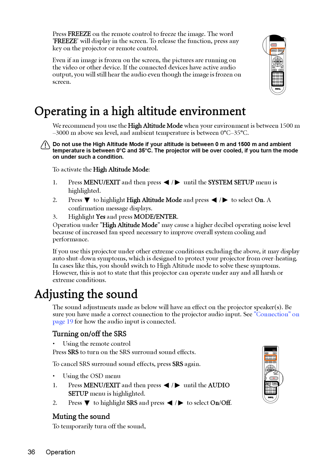 BenQ W1200 Operating in a high altitude environment, Adjusting the sound, Turning on/off the SRS, Muting the sound 