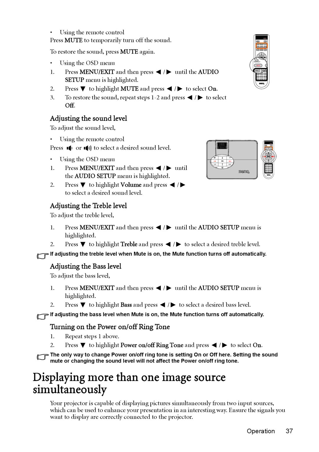 BenQ W1200 Displaying more than one image source simultaneously, Adjusting the sound level, Adjusting the Treble level 