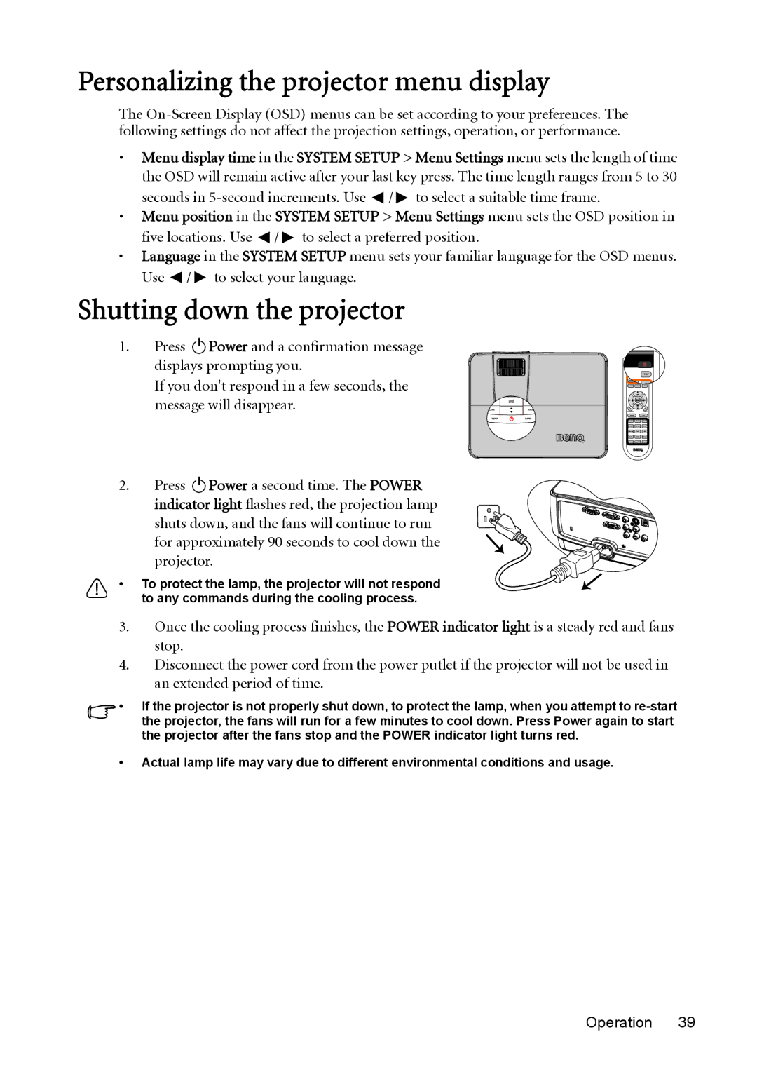 BenQ W1200 user manual Personalizing the projector menu display, Shutting down the projector 