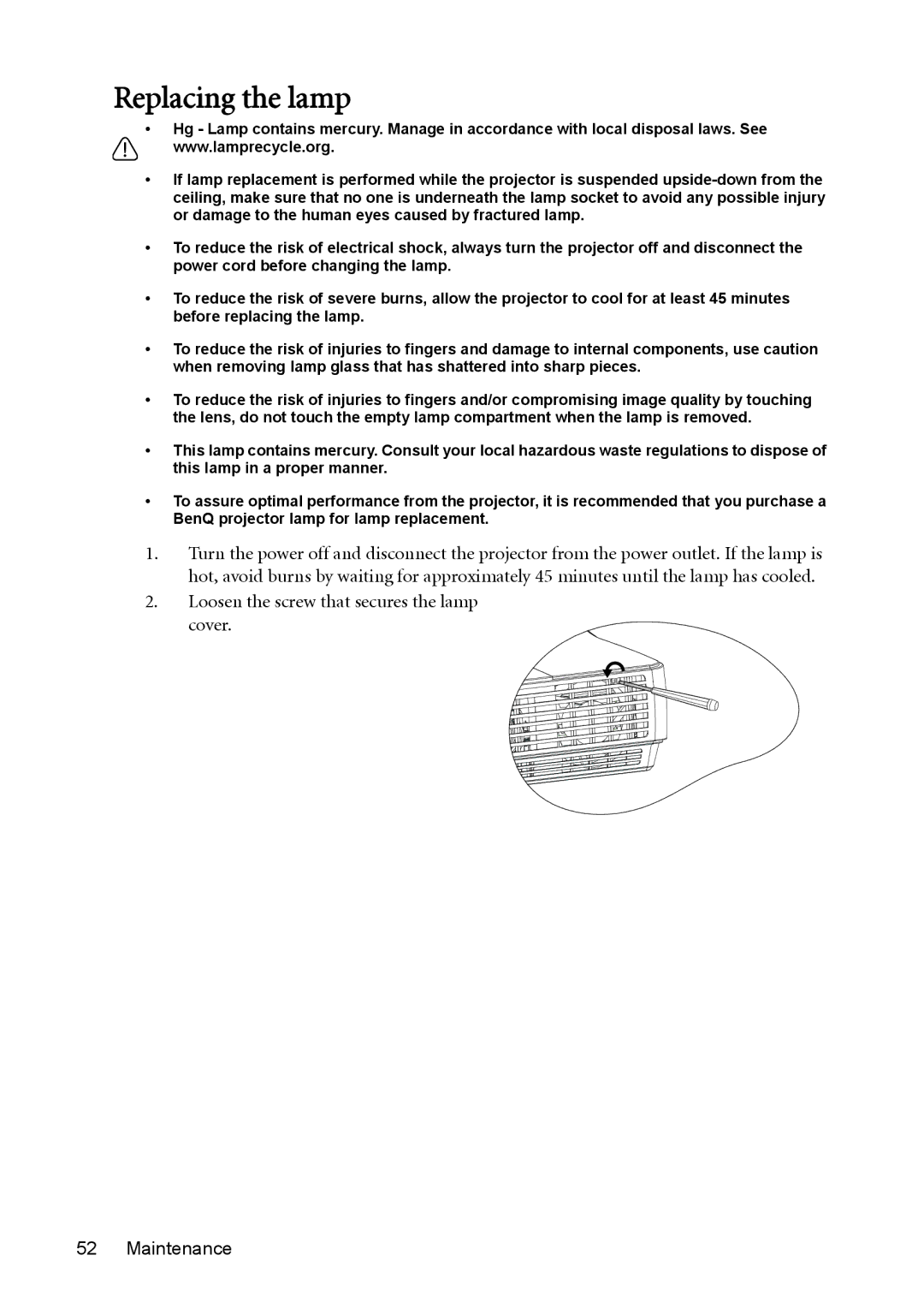 BenQ W1200 user manual Replacing the lamp 