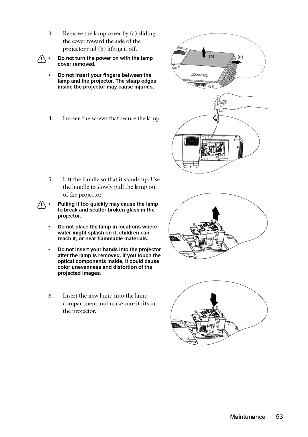 BenQ W1200 user manual Do not turn the power on with the lamp Cover removed 