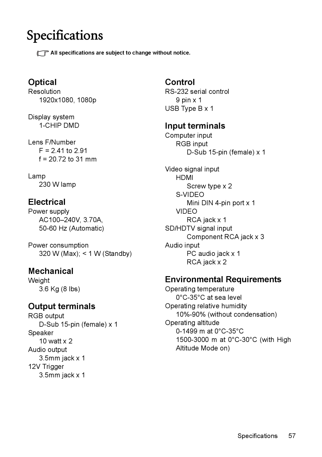 BenQ W1200 user manual Specifications, Optical 