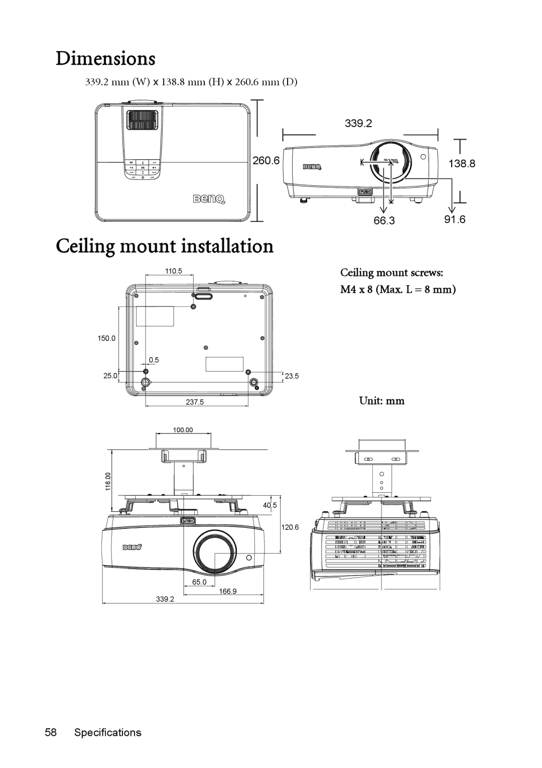 BenQ W1200 user manual Dimensions, Ceiling mount installation 