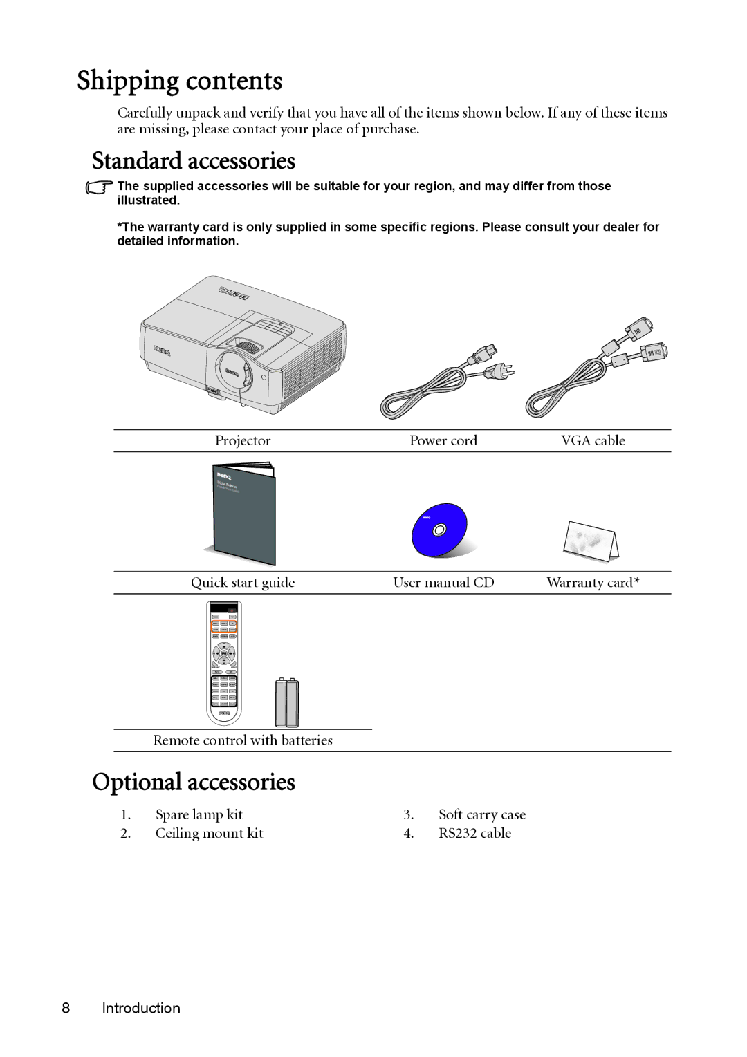 BenQ W1200 user manual Shipping contents 