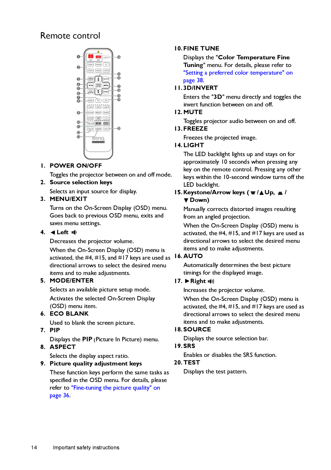 BenQ W1500 user manual Remote control 