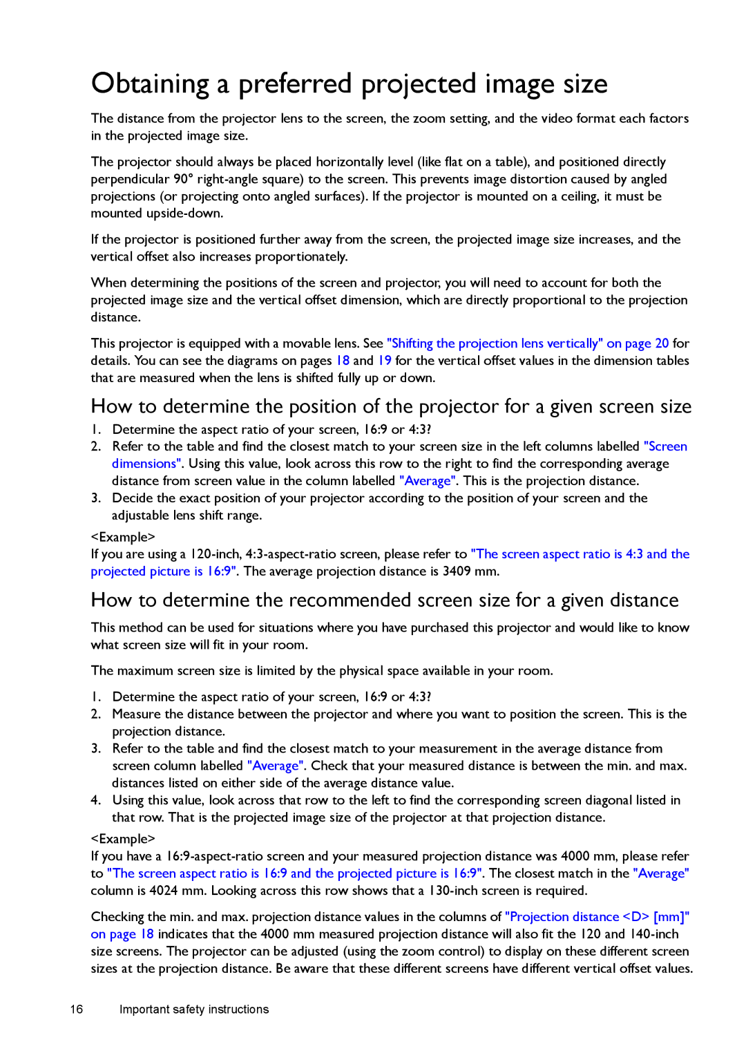 BenQ W1500 user manual Obtaining a preferred projected image size, Determine the aspect ratio of your screen, 169 or 43? 