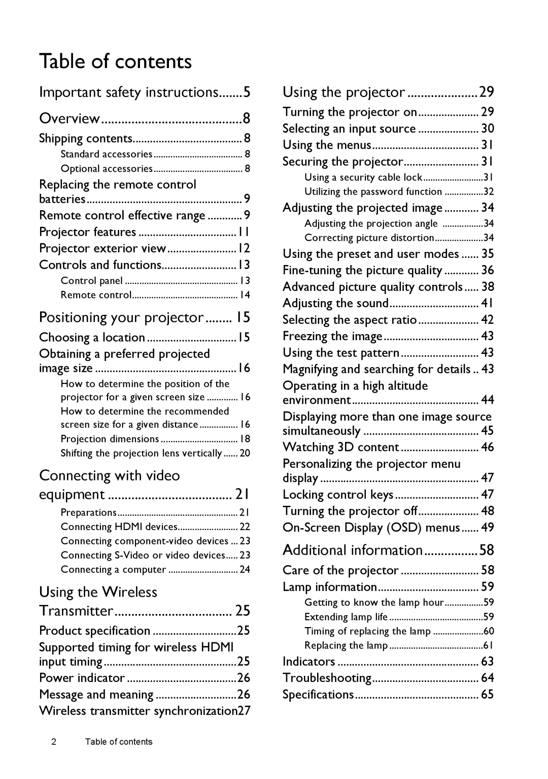 BenQ W1500 user manual Table of contents 