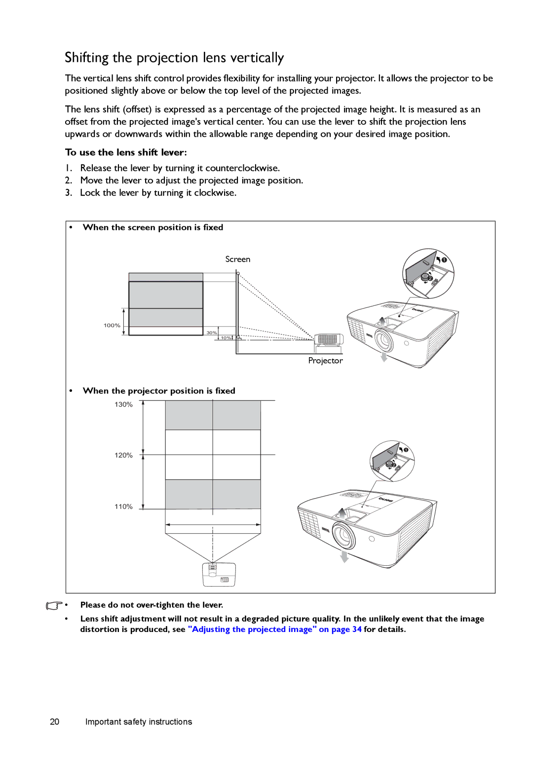 BenQ W1500 user manual Shifting the projection lens vertically, To use the lens shift lever 