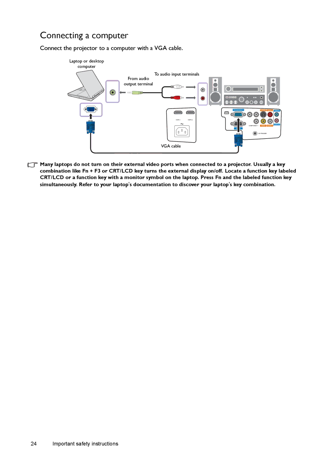 BenQ W1500 user manual Connecting a computer, Connect the projector to a computer with a VGA cable 