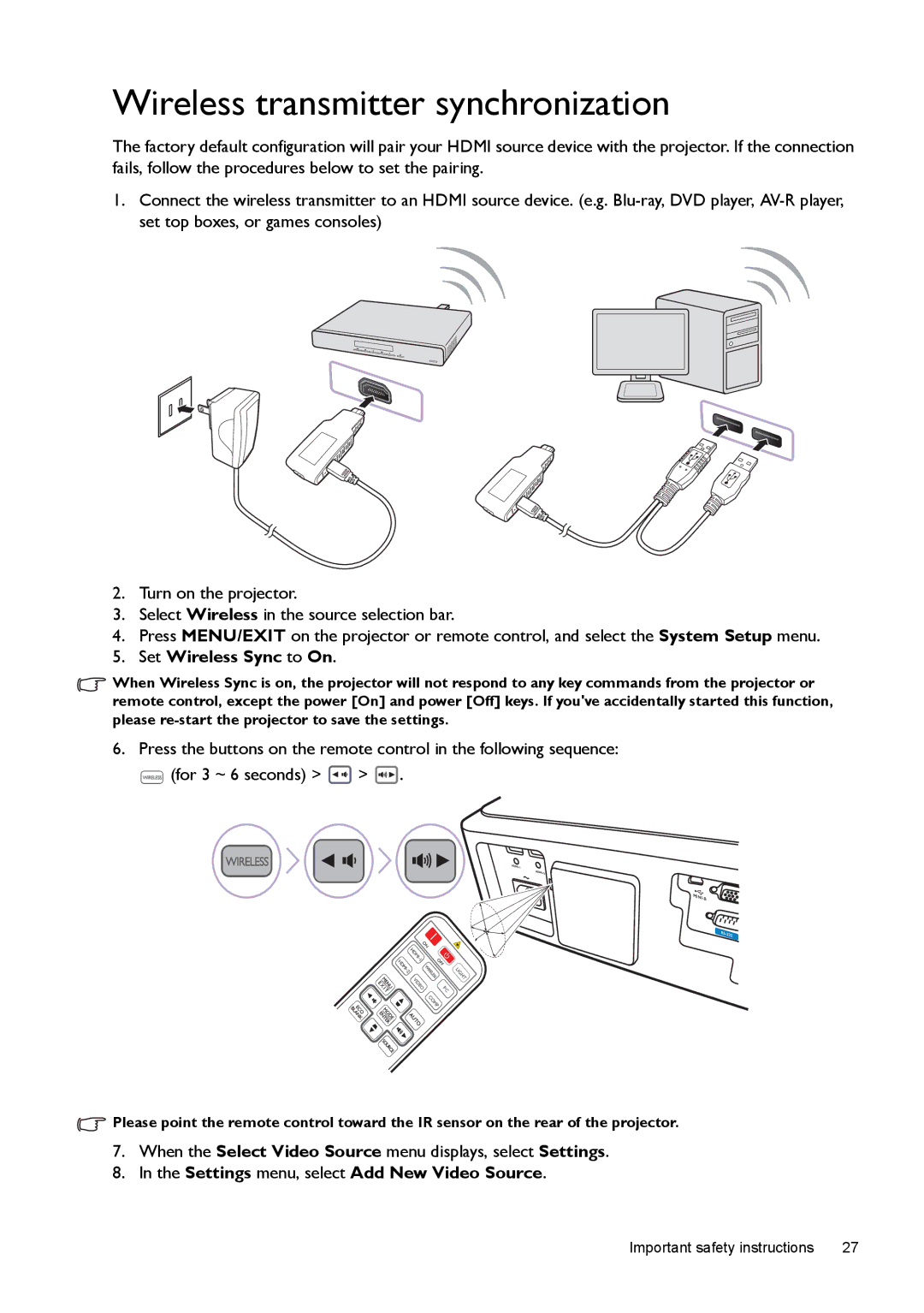 BenQ W1500 Wireless transmitter synchronization, Set Wireless Sync to On, Settings menu, select Add New Video Source 