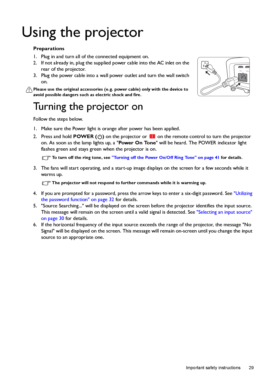 BenQ W1500 user manual Using the projector, Turning the projector on, Preparations 