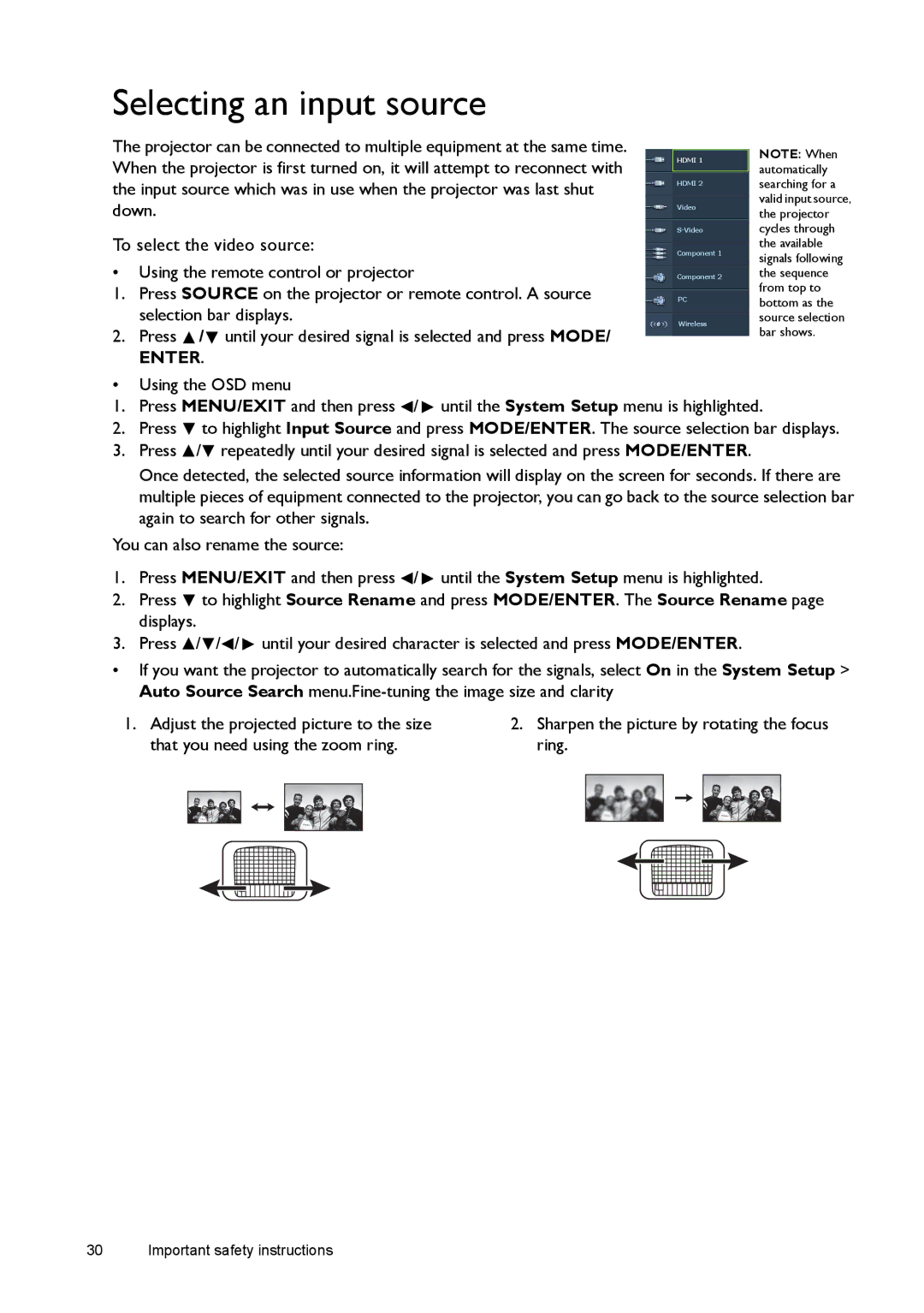 BenQ W1500 user manual Selecting an input source, Sharpen the picture by rotating the focus ring 