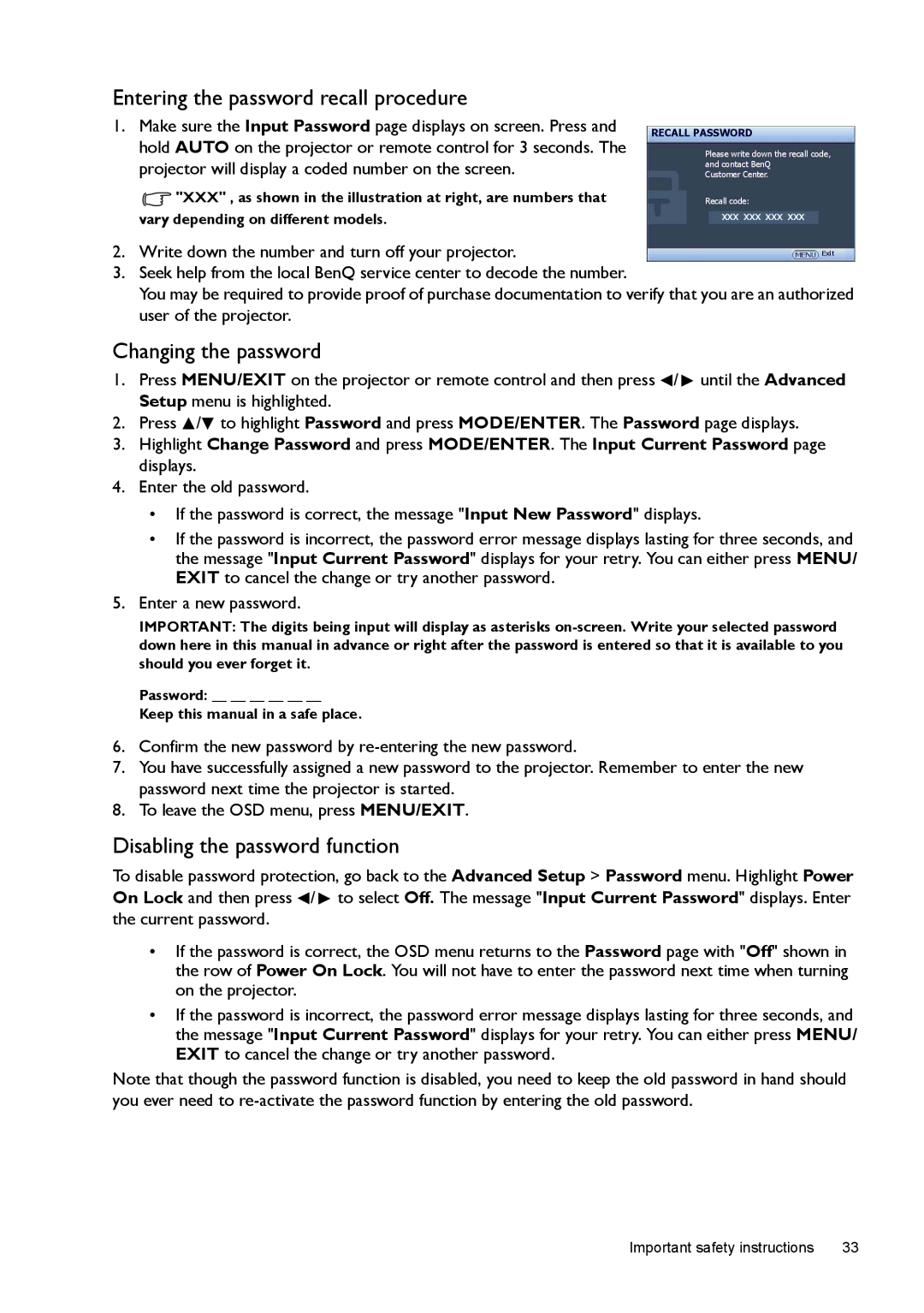 BenQ W1500 user manual Entering the password recall procedure, Changing the password, Disabling the password function 