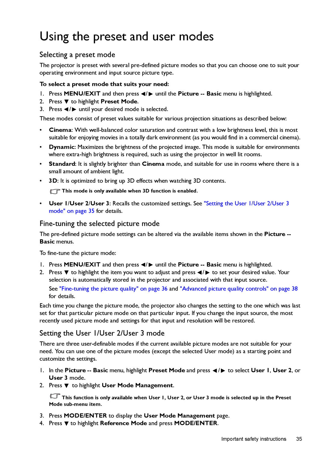 BenQ W1500 user manual Using the preset and user modes, Selecting a preset mode, Fine-tuning the selected picture mode 