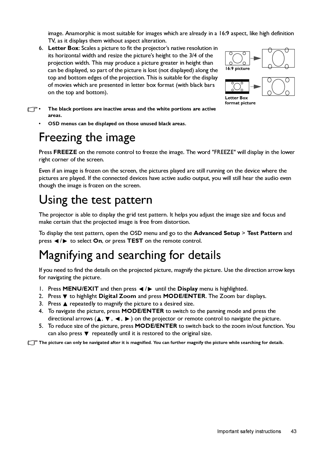 BenQ W1500 user manual Freezing the image, Using the test pattern, Magnifying and searching for details 