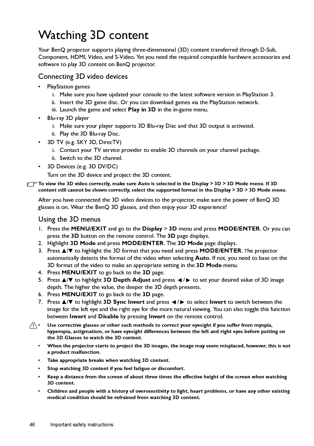 BenQ W1500 user manual Watching 3D content, Connecting 3D video devices, Using the 3D menus 