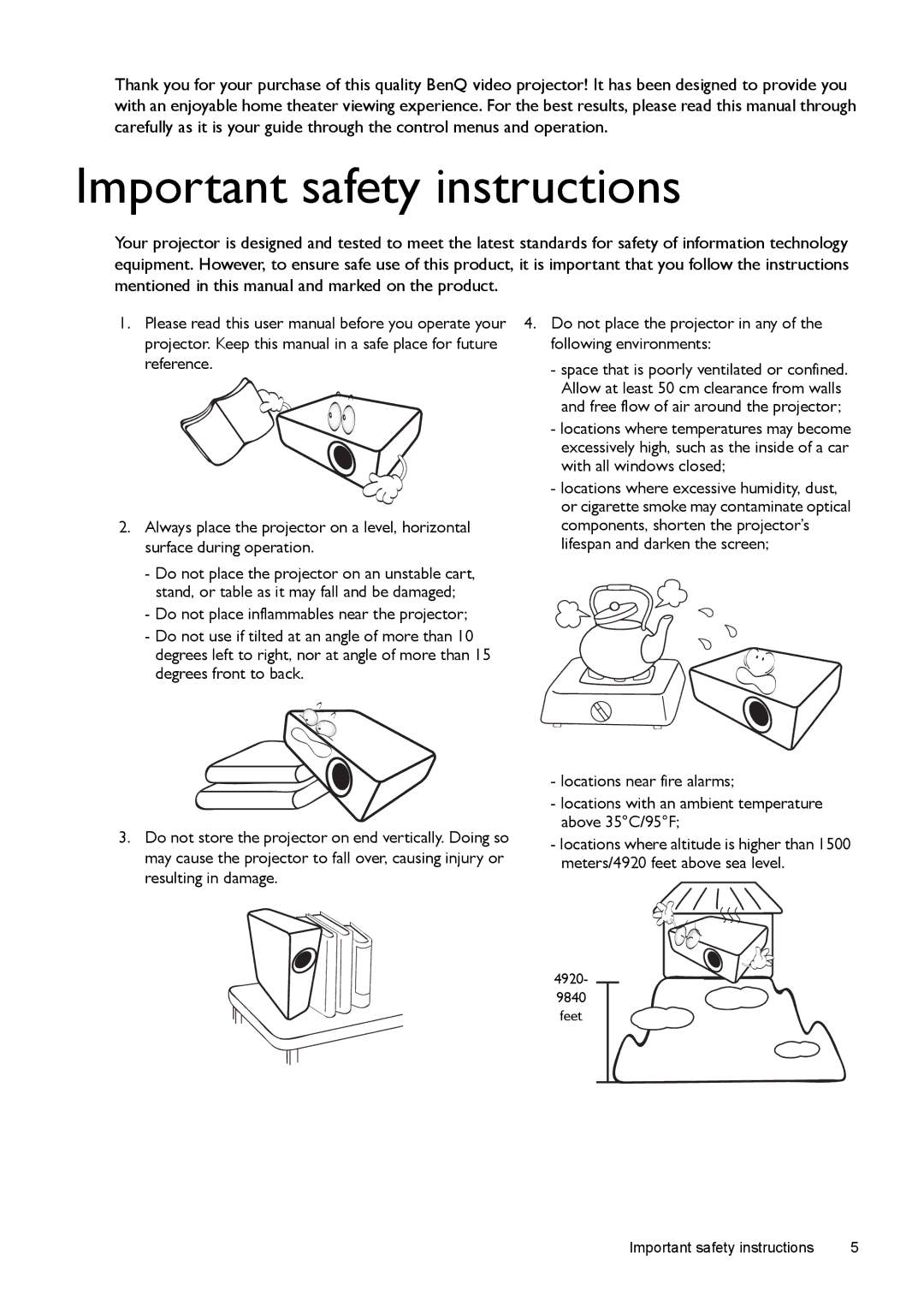 BenQ W1500 user manual Important safety instructions 