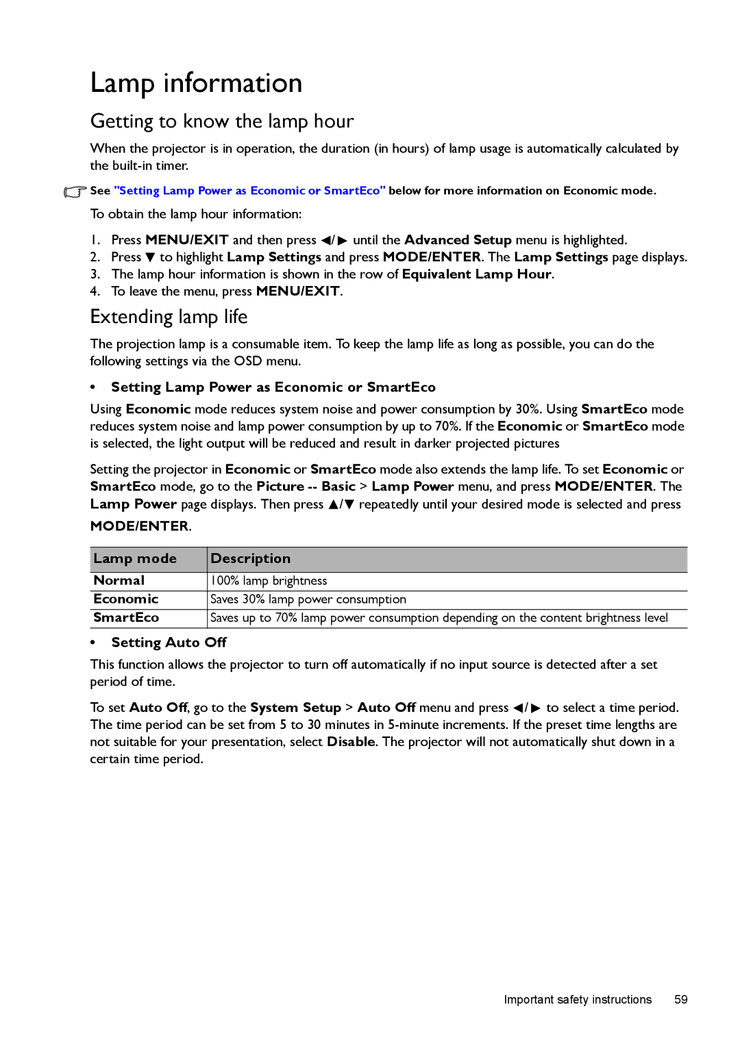 BenQ W1500 user manual Lamp information, Getting to know the lamp hour, Extending lamp life 