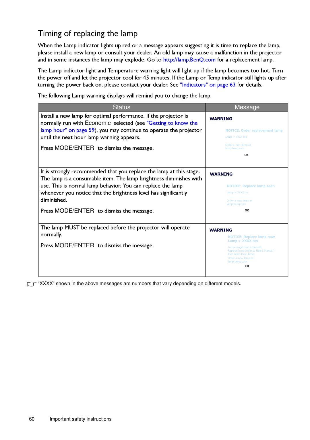 BenQ W1500 Timing of replacing the lamp, Until the next hour lamp warning appears, Press MODE/ENTER to dismiss the message 