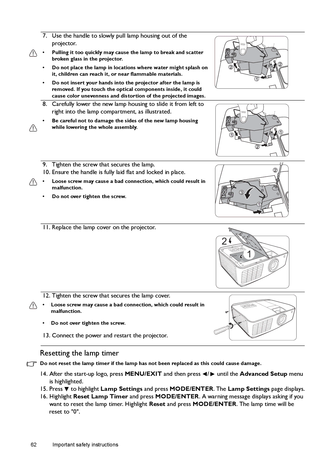 BenQ W1500 user manual Resetting the lamp timer, Connect the power and restart the projector 