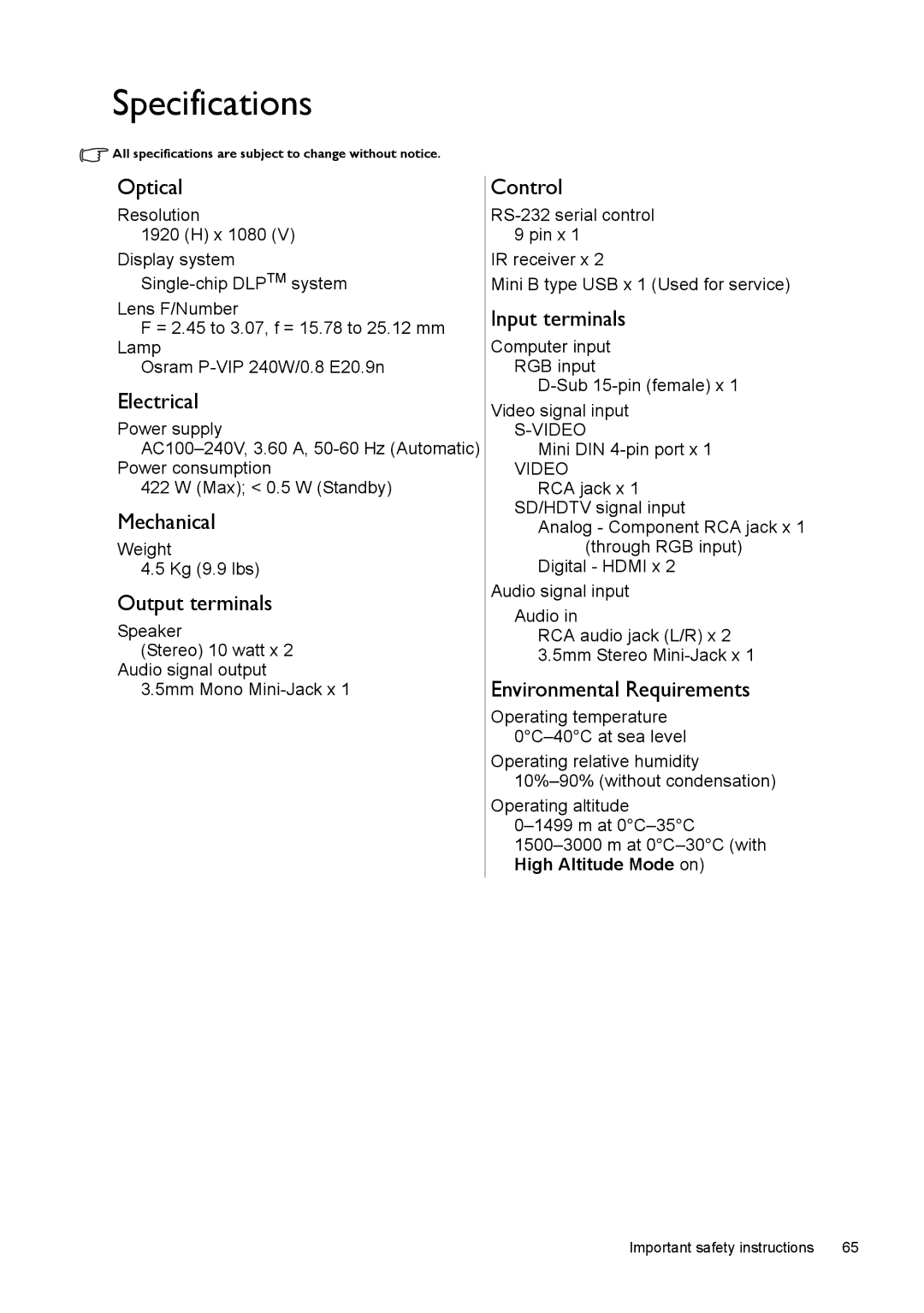 BenQ W1500 user manual Specifications 