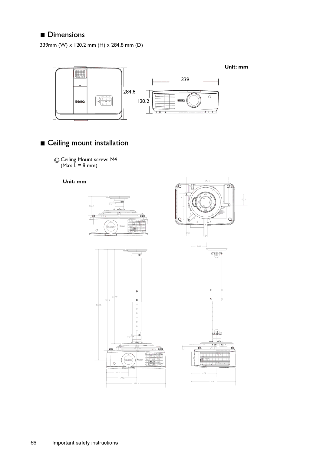 BenQ W1500 user manual Dimensions, Ceiling mount installation 