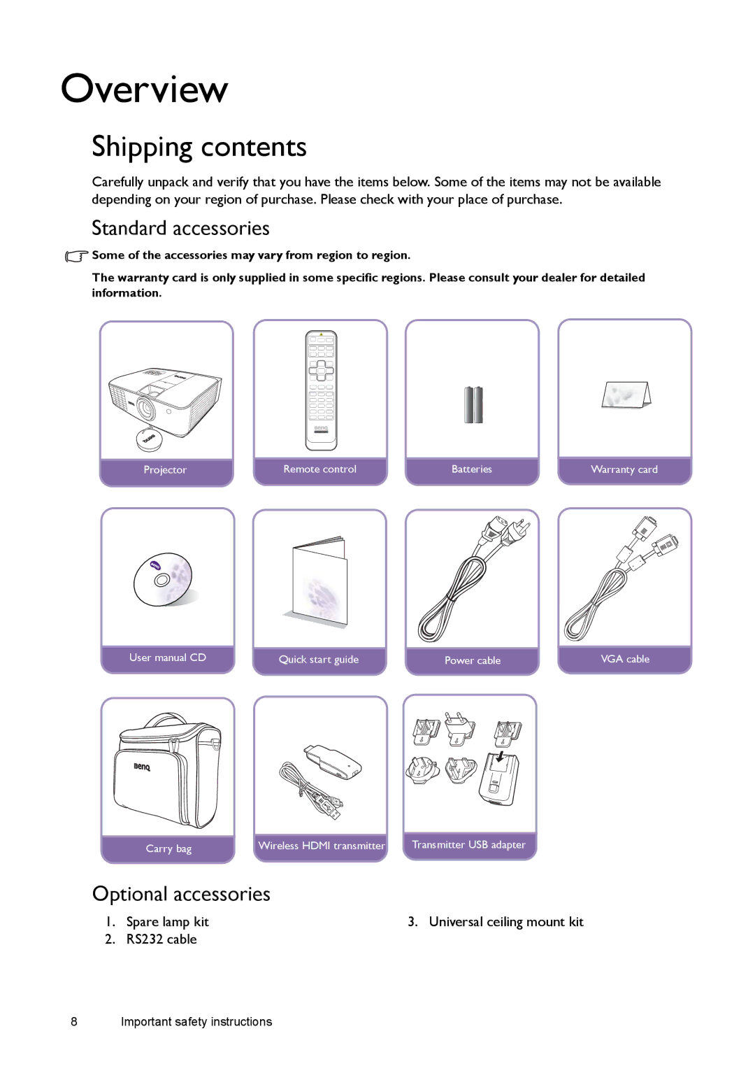 BenQ W1500 user manual Overview, Shipping contents 