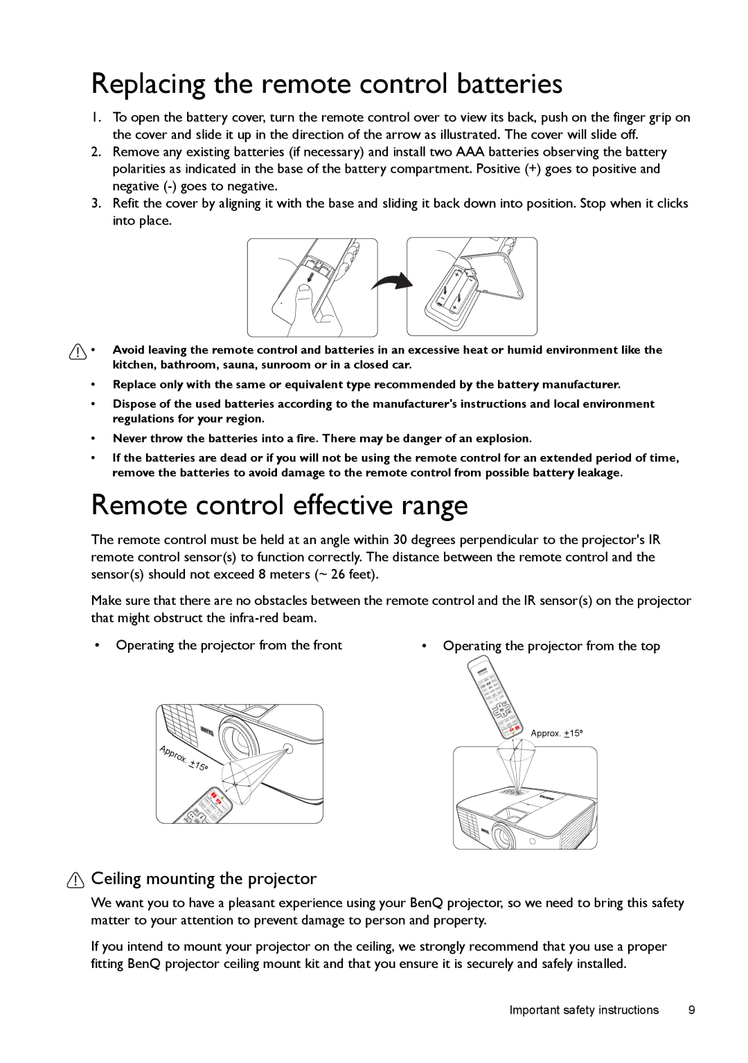 BenQ W1500 Replacing the remote control batteries, Remote control effective range, Ceiling mounting the projector 