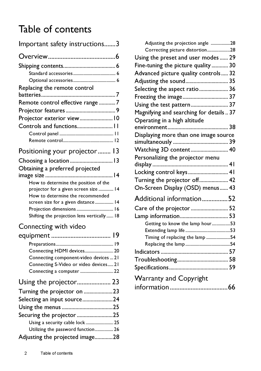 BenQ W1500 user manual Table of contents 