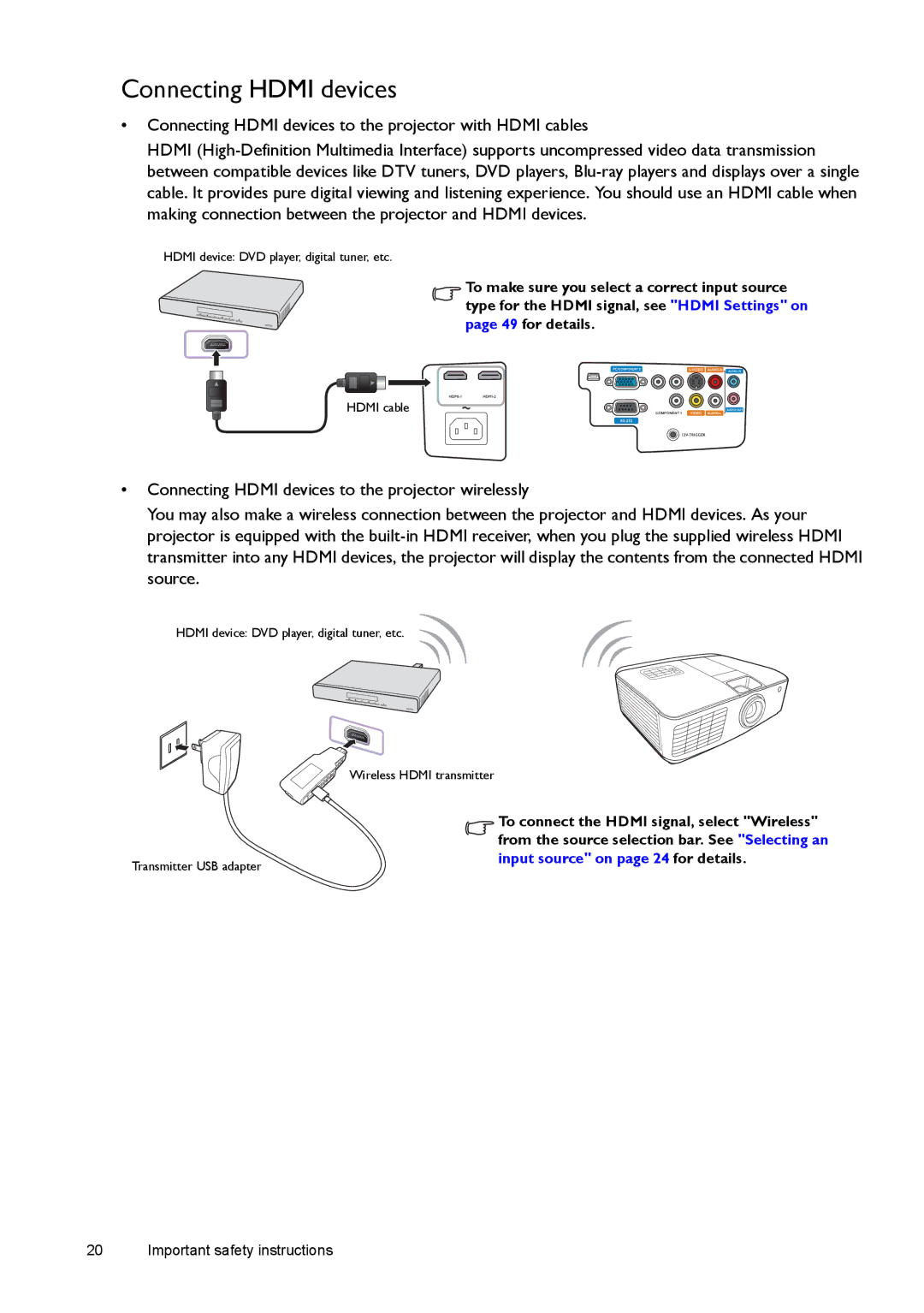 BenQ W1500 user manual Connecting Hdmi devices 